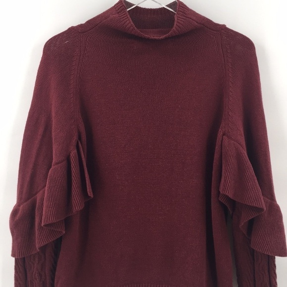 PROJECT Naadam Ruffle Cable Knit Sweater Mock Neck Burgundy Maroon Small - Picture 6 of 9